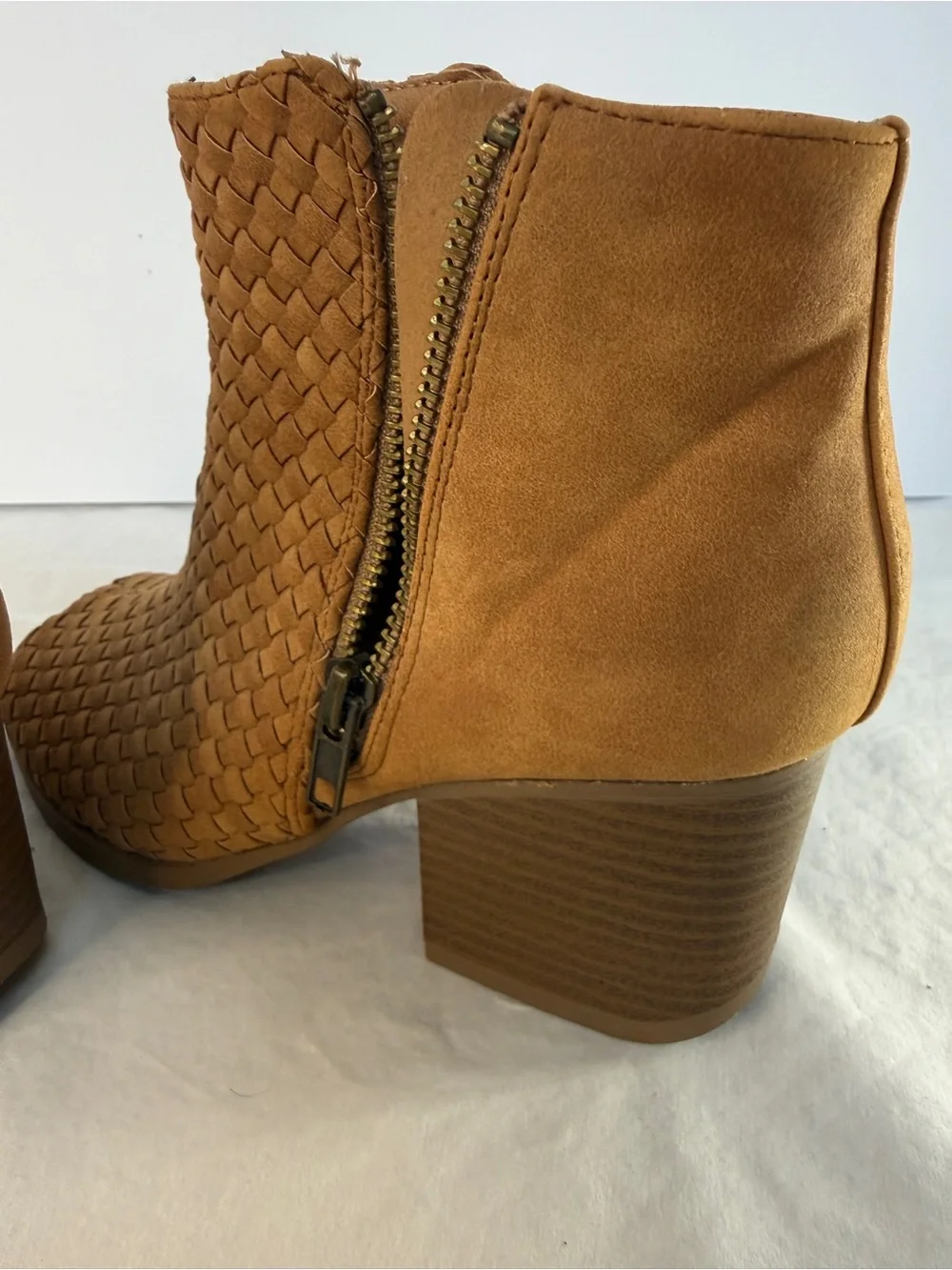 Qupid Woven Open-Toe Ankle Booties in Tan